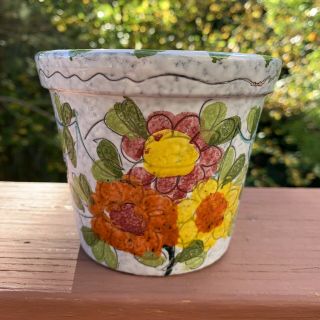 Vintage Orange Yellow Green Floral Hand Painted Ceramic Flower Pot Planter Italy