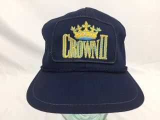 Crown Ii - Vtg 70s - 80s Navy Blue & Gold Patch Leather Strapback Workwear Hat Cap