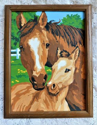 Vintage Horse And Colt Paint By Number In Wooden Frame 10.  5 X 14