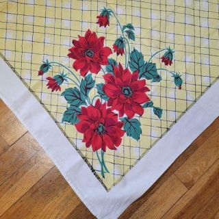 Vintage Tablecloth Yellow White Grid Large Red Dahlia Flowers