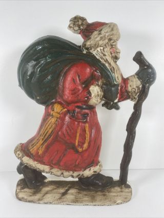 Vintage Old Time Santa Claus W/cane & Bag Of Gifts 9 " Painted Cast Iron Doorstop