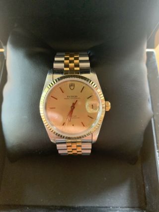 1995 Tudor Prince Oyster Date 34mm Champagne 18k Two - Tone Gold Steel Watch 74033