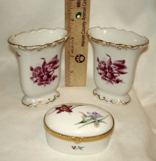 Rare Similar Herend Mini Victorian Mantle Vases & Mikasa Trinket Box Gilt Euc