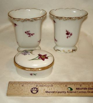 RARE Similar HEREND Mini Victorian Mantle Vases & MIKASA Trinket Box Gilt EUC 2