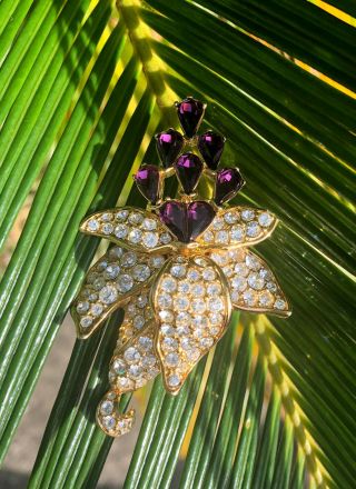 Vintage Nolan Miller Gold Tone Purple Rhinestone Orchid Flower Brooch Pin
