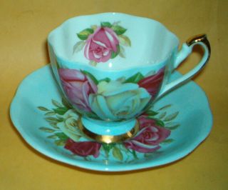 Queen Anne - Lady Sylvia - Stunning Bone China Cup & Saucer - Blue Turquoise