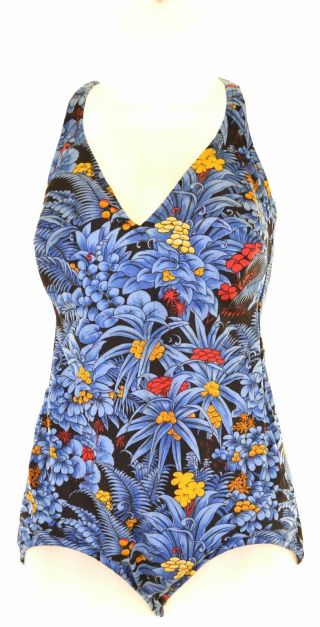Vintage Womens Swimwear Size 14 Medium Blue Floral Mu04