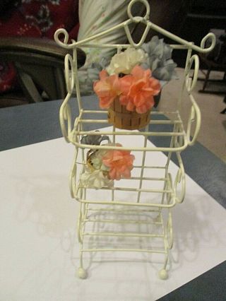 Dollhouse Miniature White Wire Rack W/two Baskets Of Flowers