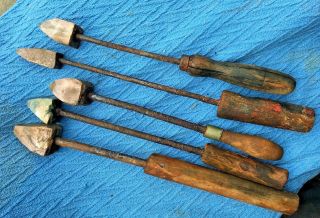5 Vintage Antique Copper Wooden Handled Soldering Irons Ripe To Restore