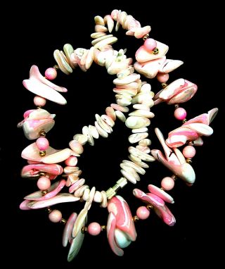 Necklace Vintage Pink Mother Of Pearl Seashells Beads Sea Shell Chips Choker 18 "