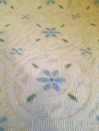 2 Twin Vintage Chenille Bedspread White Blue/green Flowers,  Fringe 105 " X 77 "