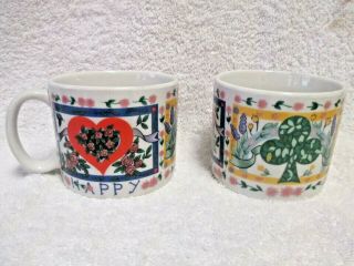 Tabletops Unlimited Happy Everything Large Mugs Cups 3 1/2 " Set Of 2 Rare
