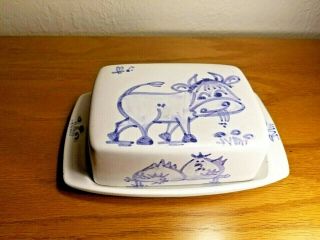 Hand - Painted Stoneware Pottery Butter Dish & Lid Cow/chickens Farm - Country