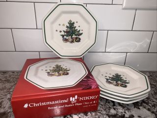 Vtg Nikko Christmastime Holiday Bread Butter Plate Set 4 Christmas Tree Octagon