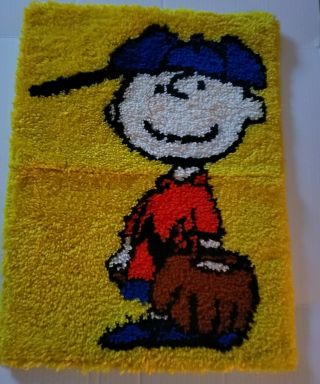 Vtg Peanuts Charlie Brown Latch Hook Rug Finished 19 " X 26 " Baseball Hat & Glove