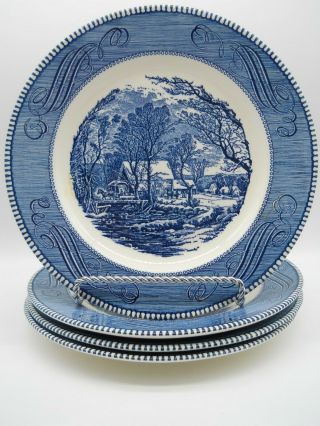 Royal China Currier And Ives Blue Dinner Plates.  Old Grist Mill 10 ".  Set / 4.