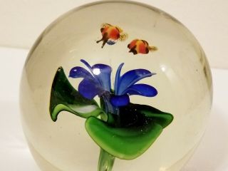 Vintage Art Glass Enesco Blue Flower And Bees Paperweight