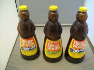 Three Large Vintage Mrs.  Buttersworth Syrup 36 Oz.  Bottles - - Metal Lids