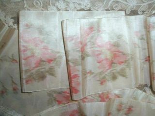 1880s Antique French Silk Watered Ikat Pink Roses Taffeta Ribbon 4 7/8 " Wide