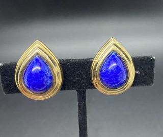 Stunning Vintage Signed Panetta Gold Tone Blue Lapis Glass Clip Earring