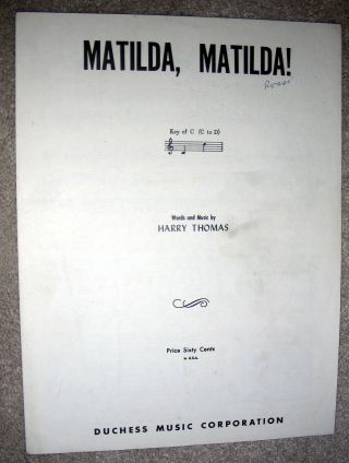 1953 Matilda Matilda Vintage Sheet Music By Harry Thomas (key Of C)