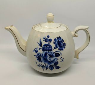 Vintage Ellgreave Wood & Sons England Blue Floral Ironstone Teapot