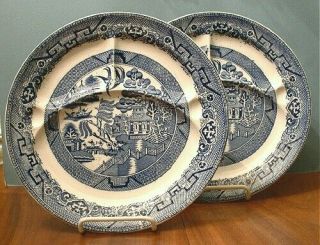 Two Vintage Blue Willow 10.  5 " Grill Plates.  English,  " Ye Olde Willow "