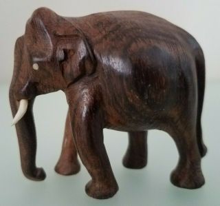Vintage Hand Carved Small Wooden Elephant Figurine 2 - 1/4 " W/ivory Colored Tusks