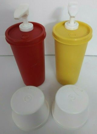 Vintage Tupperware Ketchup & Mustard Red Yellow Pump Dispensers With Caps/lids