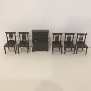 Vintage Mar Toys Miniature Dollhouse Furniture Hutch And 5 Chairs