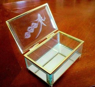Vintage Trinket Jewelry Box - Etched Glass W/ Gold Frame - Mirrored Base