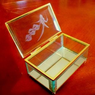 Vintage TRINKET JEWELRY BOX - ETCHED GLASS W/ Gold Frame - MIRRORED Base 2