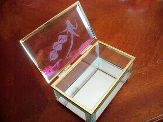 Vintage TRINKET JEWELRY BOX - ETCHED GLASS W/ Gold Frame - MIRRORED Base 3