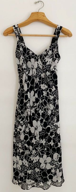 Vintage Ann Taylor Women’s Silk Dress Sz 2 Sleeveless Black White Floral V - Neck