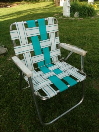 Vintage Sunbeam Folding Aluminum Chair Webbed Patio Lawn Chair Teal White Nos