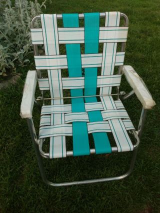 Vintage Sunbeam Folding Aluminum Chair Webbed Patio Lawn Chair Teal White NOS 2