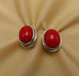 Vintage Sterling Silver Pierced Earrings Red Lucite Modernist 925 Dainty 993r