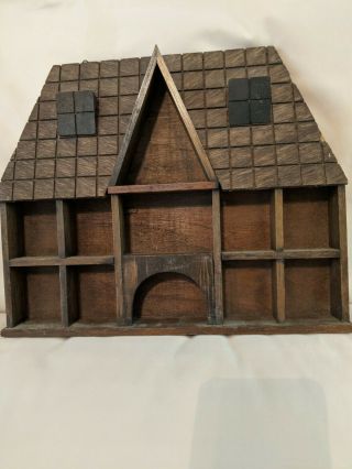 Vtg Wooden House Shaped Shadow Box.  11 Display Cubbies.  Shelf Sitter Or Wall.