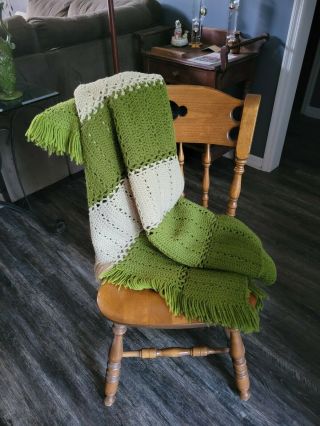 Vintage Handmade Avocado Green & Tan Crocheted Throw Blanket 50 " X 68 "