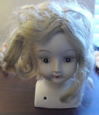 Vintage 1970s Porcelain Bisque Blonde Hair Girl Doll Head 5 1/2 " Tall