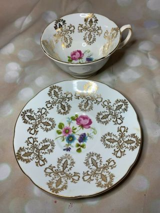Royal Grafton Vintage Fine Bone China England Tea Cup Saucer Pink Blue Gold