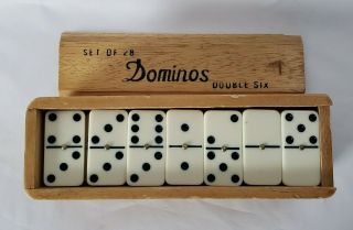 Vintage Domino Set Of 28 In Wood Box Sliding Lid Bakelite Pin Double Six Taiwan