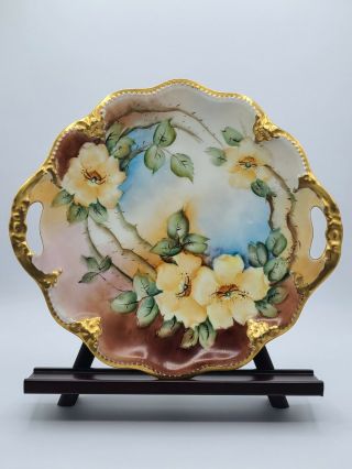 Vintage Limoges France Hand - Painted Gold Trim Yellow Roses Cake Plate - 11.  25”