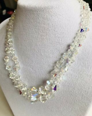 Vintage 2 Strand Rainbow Crystal Necklace With Rhinestone Clasp 14” Diamond Cut