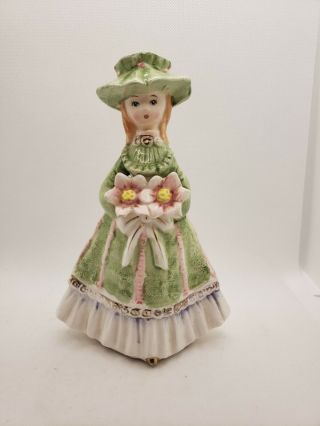 Vintage Ceramic Girl Figurine With Flowers Green Dress Artmark Made In Japan