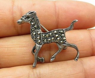 925 Silver - Vintage Petite Marcasite Galloping Horse Brooch Pin - Bp2890