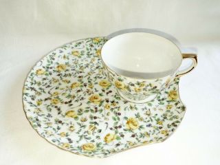 Vintage Yada Porcelain China Yellow Rose & Floral Chintz Cup & Snack Plate Set