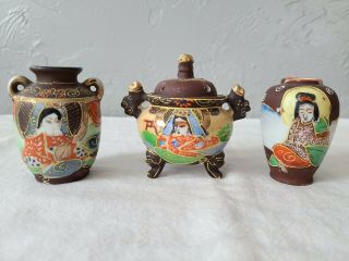 Vintage Made In Japan Enameled Porcelain Incense Burner And Two Vases