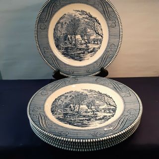 Set Of 5 Royal China Blue Currier And Ives “old Grist Mill” Dinner Plate 10 "