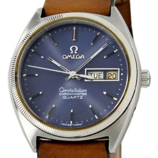 Omega Constellation Chronometer Quartz Day Date Shining Blue White Gold Bezel W